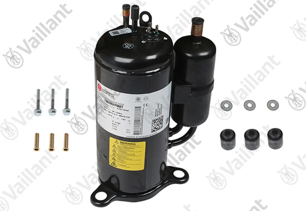Vaillant Kompressor in Schwarz mit Anschlussrohren, Schrauben, Dichtungen und Montagematerial im Bild dargestellt.